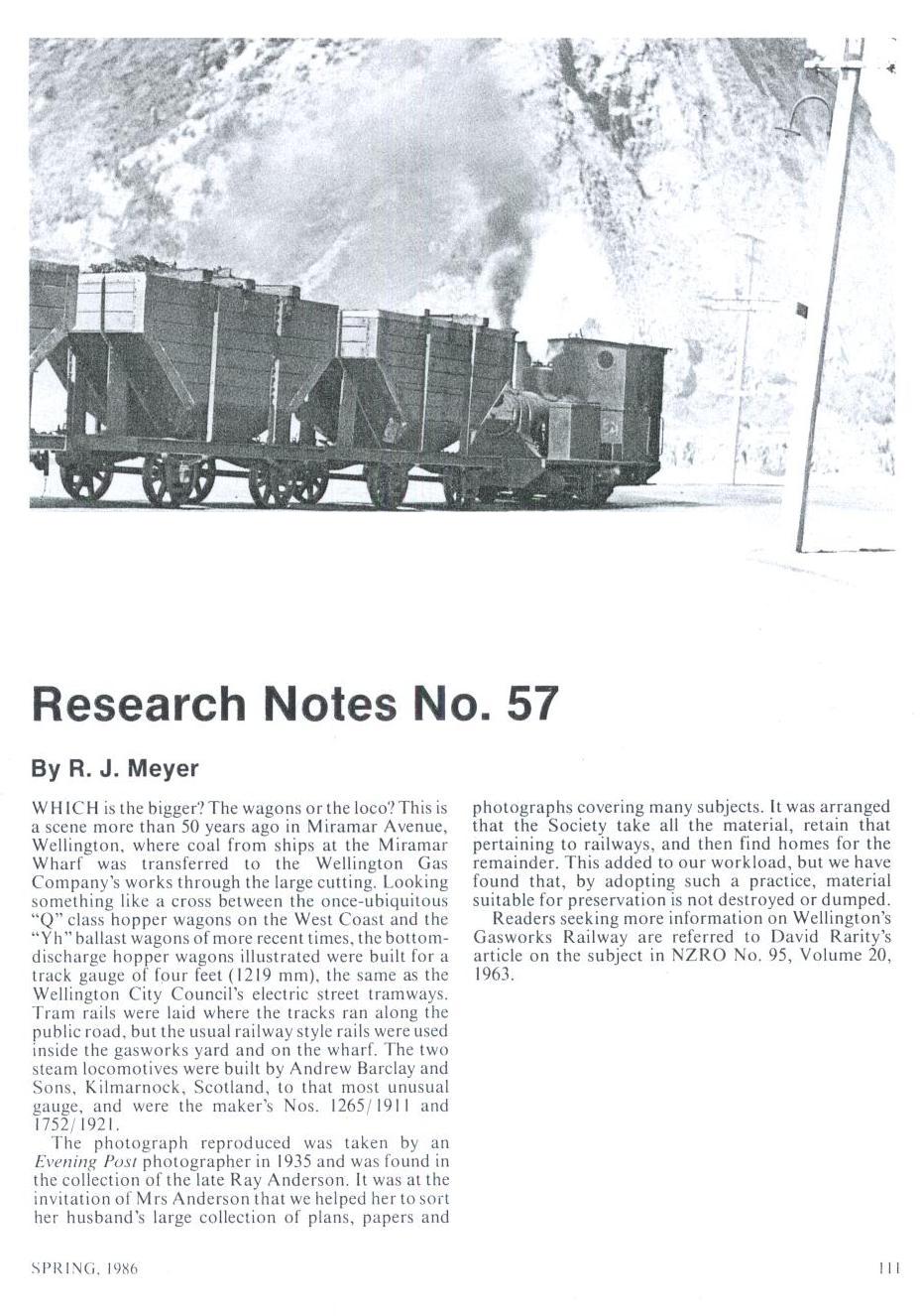 NZ Railway Observer Spring 1986 pg 111 Research Notes No. 57 By R. J. Meyer